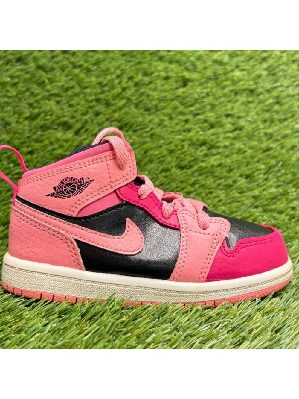 Nike Air Jordan 1 Mid Girls Size 8C Pink Black Athletic Leather Shoes Sneakers